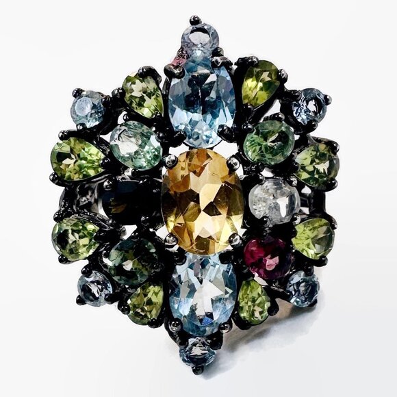 Gemstone Ring, Sterling Silver, Blue Topaz, Peridot, Citrine, Tourmaline - Picture 5 of 8